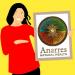 Drawn figure in red top, yellow background holding Anarres logo