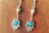 Judaica: Earrings Hamsa Tibetan Style Blue Bead Dangling