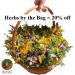 Basket of wildflowers with text: Herbs by the Bag = 20% off
