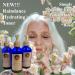 White haired older woman with white flowers and bottles of toner with domestic and imported ingredients. White haired older woman with white flowers and bottles of toner