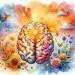 watercolor painting of a brain blooming flowers, birds, and radiant light beams.