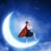 A girl in a super hero costume stands on a crescent moon