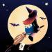 A witch flies a broom delivering mail in front of a full moon