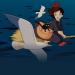 a young witch rides a broomstick with her cat alongside a seagull