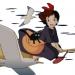 a young witch rides a broomstick with her cat alongside a seagull