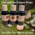 Bottles of Foot and Toe Fungus Drops with feet on grass in background.