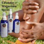 LAVENDER Magnesium spray on grass beside hands gripping sore leg muscles