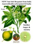 Poster with leaves and fruit of Bergamot showing benefits