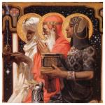 Three Magi carry gifts for baby Jesus vintage illustration